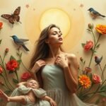 Gyönyörű nő és baba virágokkal, napfényben