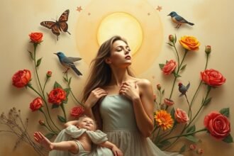 Gyönyörű nő és baba virágokkal, napfényben