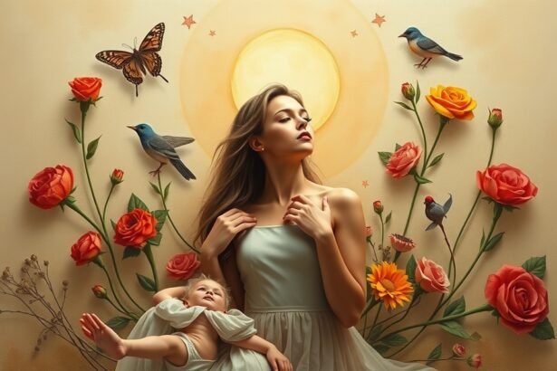 Gyönyörű nő és baba virágokkal, napfényben