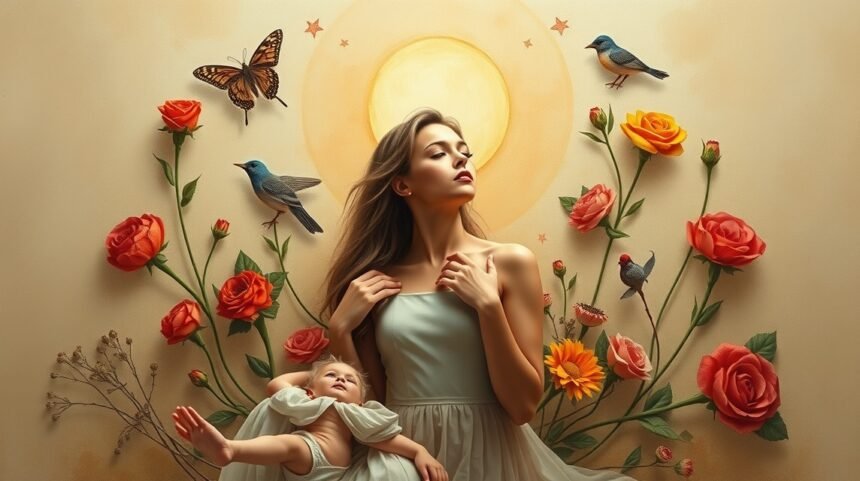 Gyönyörű nő és baba virágokkal, napfényben