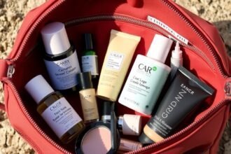 Szépségápolási termékek utazáshoz egy piros táskában