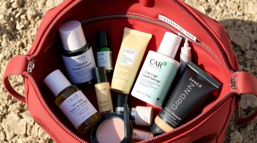 Utazáshoz elengedhetetlen szépségápolási termékek: hidratáló krém, fényvédő, multifunkciós smink, arctisztító vagy micellás víz, szárazsampon, mini hajápoló, fogkefe, körömápoló és alap elsősegély — praktikus, utazóbarát kiszerelésben.