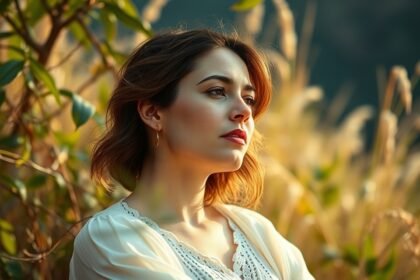 Egy nő gondolkodó arckifejezése a természetben