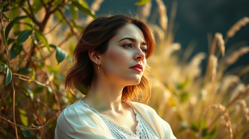 Egy nő gondolkodó arckifejezése a természetben