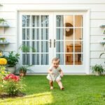 Baba játszik a zöld fűben egy biztonságos otthoni környezetben.