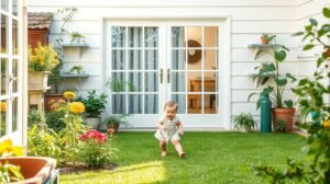 Baba játszik a zöld fűben egy biztonságos otthoni környezetben.