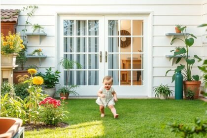Baba játszik a zöld fűben egy biztonságos otthoni környezetben.