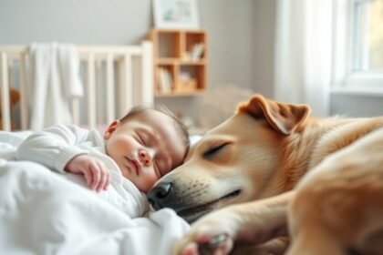 Baba és kutya együtt pihennek egy szobában, biztonságban.