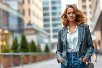 Egy fiatal nő elegáns ruházatban áll egy városi környezetben.