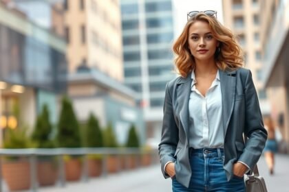 Egy fiatal nő elegáns ruházatban áll egy városi környezetben.