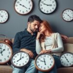 Pár együttlét közben, órák körülvételével, hangsúlyozva az időt a kapcsolatokban.