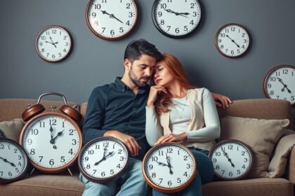 Pár együttlét közben, órák körülvételével, hangsúlyozva az időt a kapcsolatokban.