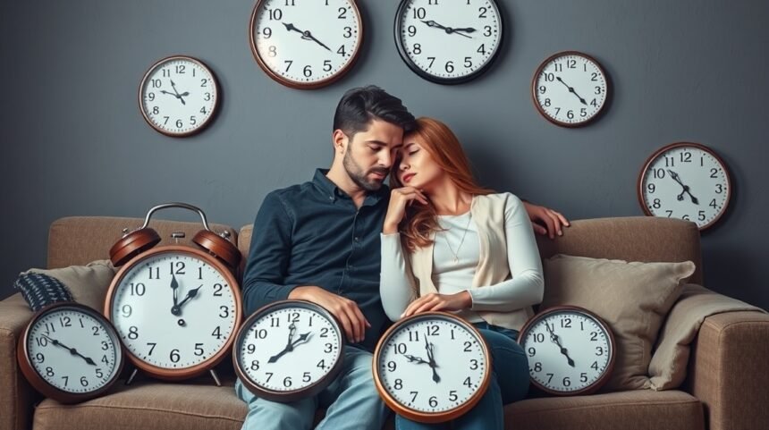 Pár együttlét közben, órák körülvételével, hangsúlyozva az időt a kapcsolatokban.