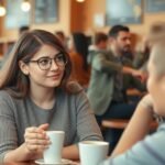 Fiatal nő, aki figyelmesen hallgat egy kávézóban, férfi társaságában.