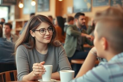 Fiatal nő, aki figyelmesen hallgat egy kávézóban, férfi társaságában.