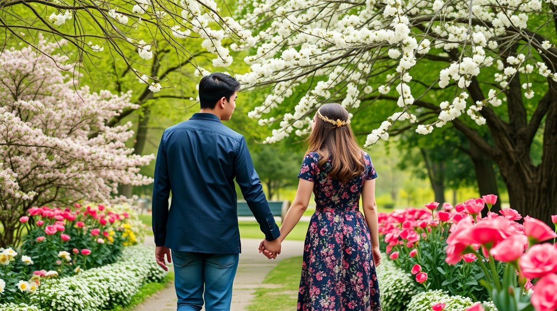 Fiatal pár kéz a kézben sétál a virágos parkban