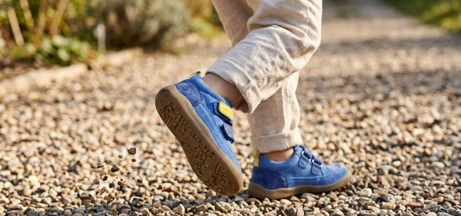 Gyerek mezítlábas cipő köves úton, felfedezés közben.