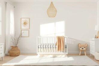 Békés baba szoba világos színű berendezéssel és napsütéssel.