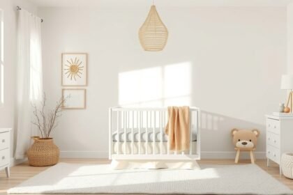 Békés baba szoba világos színű berendezéssel és napsütéssel.