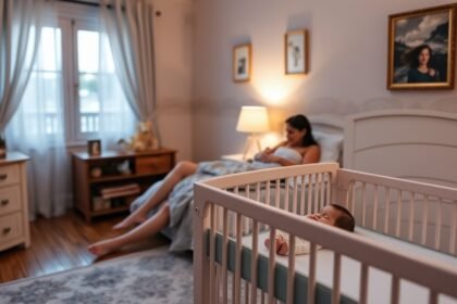 Kisbaba alvás közben, édesanya pihen a szobában