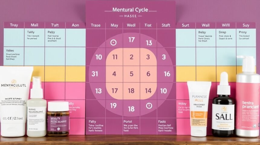 Menstruációs ciklus ábrázolása szépségápolási termékekkel.