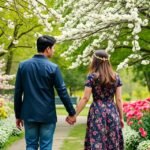 Fiatal pár kéz a kézben sétál a virágos parkban