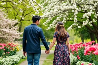 Fiatal pár kéz a kézben sétál a virágos parkban