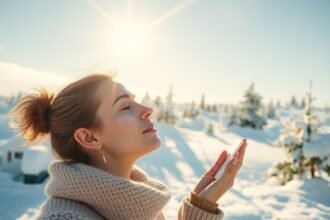 Nő téli napfényben fényvédőt alkalmazva a bőr védelme érdekében.