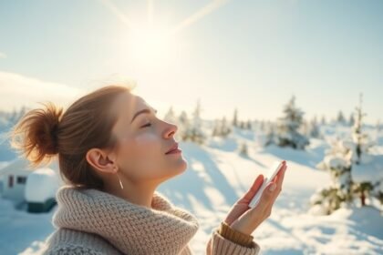 Nő téli napfényben fényvédőt alkalmazva a bőr védelme érdekében.