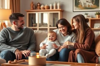 Baba és felnőttek együtt a kanapén, baráti beszélgetés.