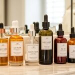 Különböző szérumok és olajok bőrápoláshoz egy fürdőszobai tükör előtt.