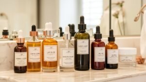 womensway 126 Különböző szérumok és olajok bőrápoláshoz egy fürdőszobai tükör előtt.