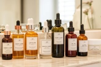 Különböző szérumok és olajok bőrápoláshoz egy fürdőszobai tükör előtt.