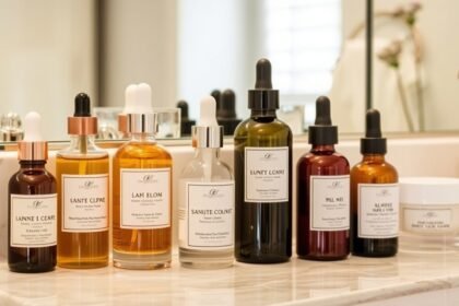 Különböző szérumok és olajok bőrápoláshoz egy fürdőszobai tükör előtt.