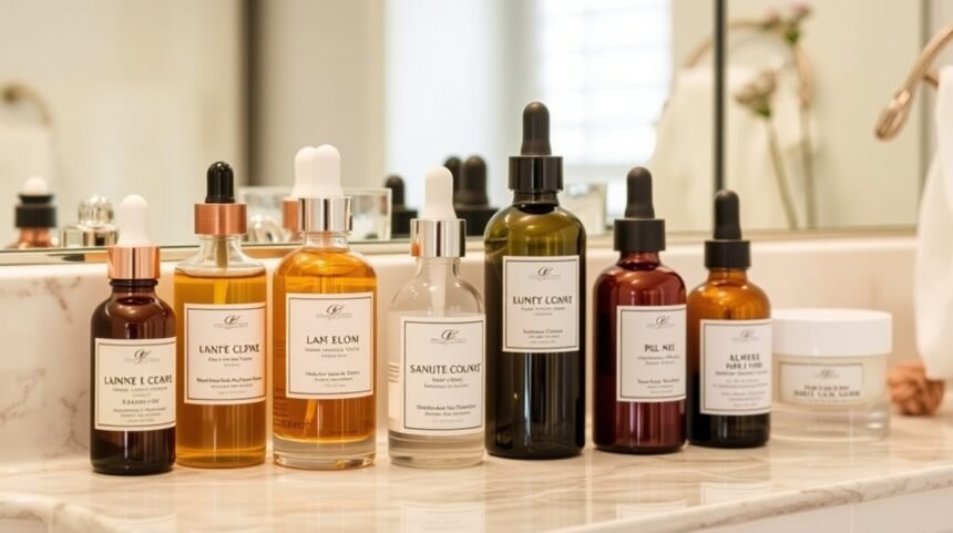 Különböző szérumok és olajok bőrápoláshoz egy fürdőszobai tükör előtt.