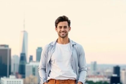 Fiatal férfi mosolyog a város panorámájával a háttérben.