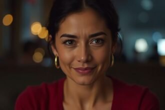 Egy nő mosolyogva ül az étteremben, udvarias visszautasítás témájában.