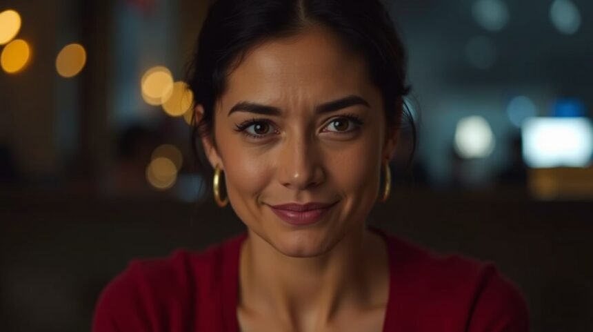 Egy nő mosolyogva ül az étteremben, udvarias visszautasítás témájában.