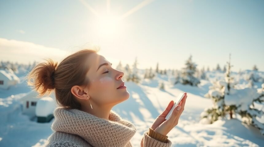 Nő téli napfényben fényvédőt alkalmazva a bőr védelme érdekében.