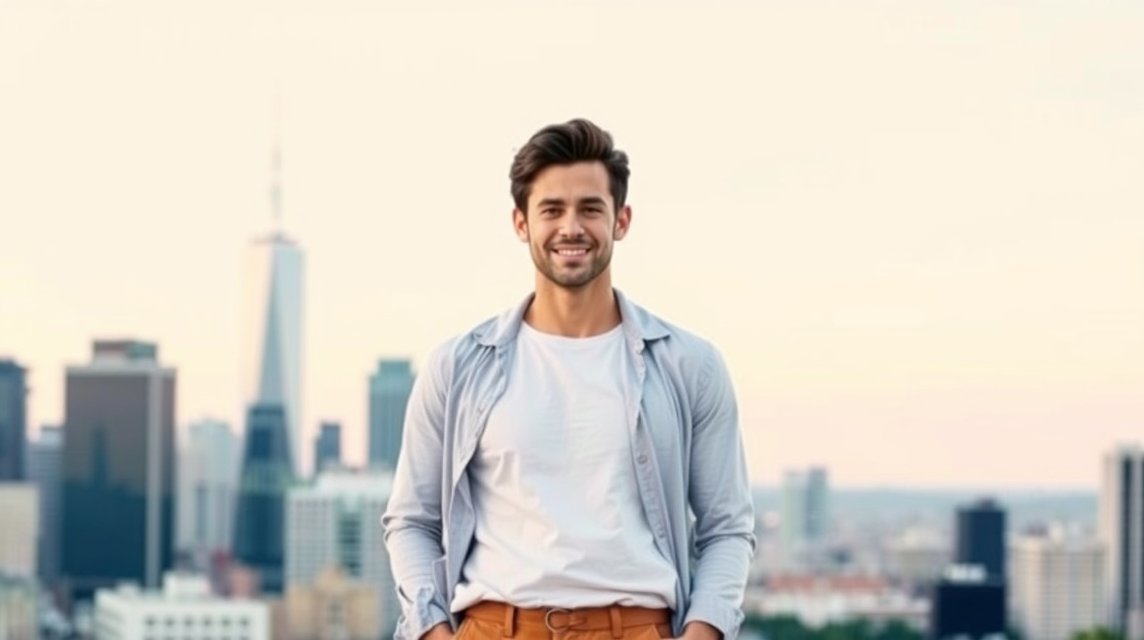 Fiatal férfi mosolyog a város panorámájával a háttérben.