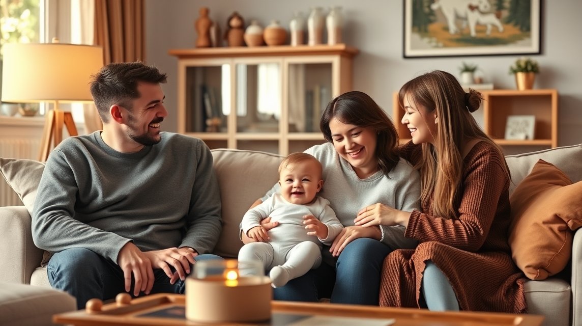 Baba és felnőttek együtt a kanapén, baráti beszélgetés.