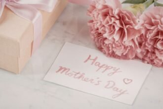 Személyre szabott Anyák napi ajándék virágokkal és üdvözlőkártyával.