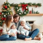 Családi ünneplés gyerekekkel karácsonyi dekoráció mellett.