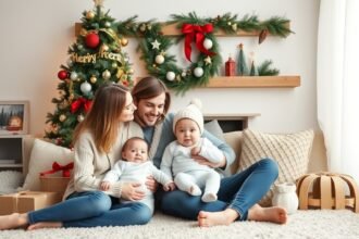 Családi ünneplés gyerekekkel karácsonyi dekoráció mellett.