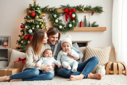 Családi ünneplés gyerekekkel karácsonyi dekoráció mellett.