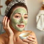Nő hidratáló arcpakolással a fürdőszobában, természetes alapanyagokkal.