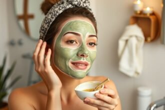 Nő hidratáló arcpakolással a fürdőszobában, természetes alapanyagokkal.