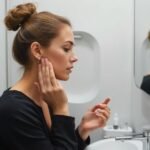 Nő az utazás közben arcápolási rutint követve a fürdőszobában.