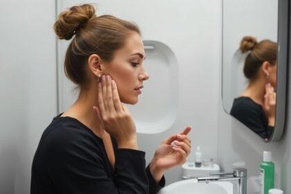 Nő az utazás közben arcápolási rutint követve a fürdőszobában.