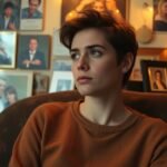 Egy fiatal nő gondolkodik, miközben képek veszik körül.